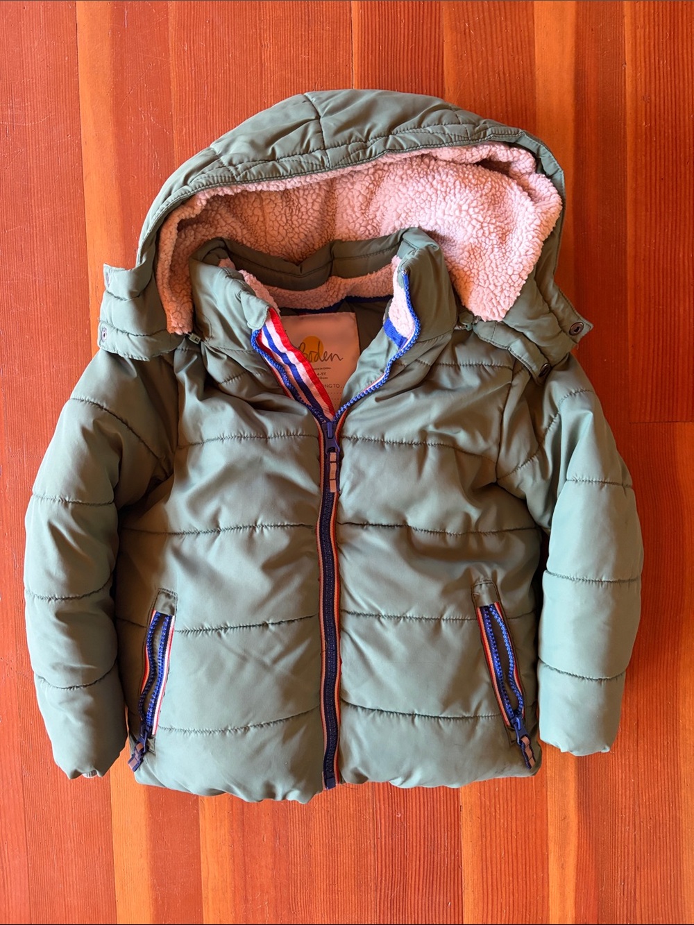 Mini Boden Green Hooded Puffer Jacket with Red, White and Blue Trim